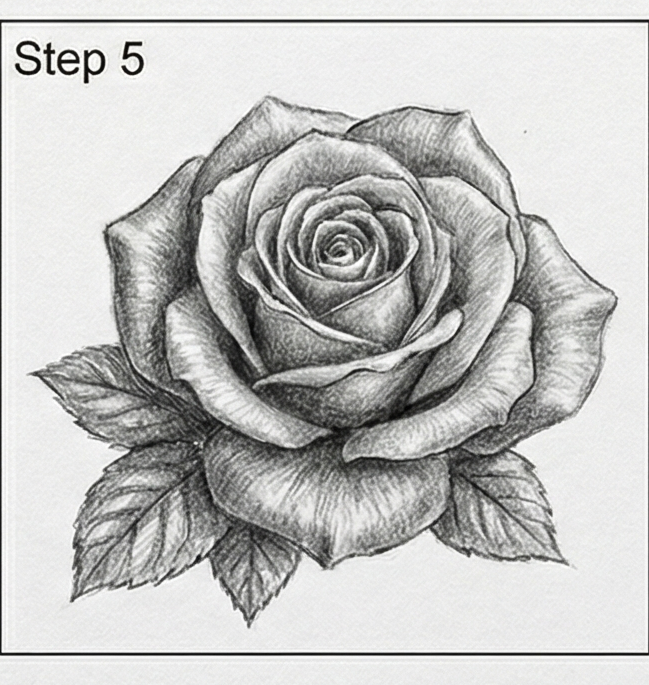 Graphite pencil rose sketch, realistic drawing with detailed petals and leaves, tutorial Step 5