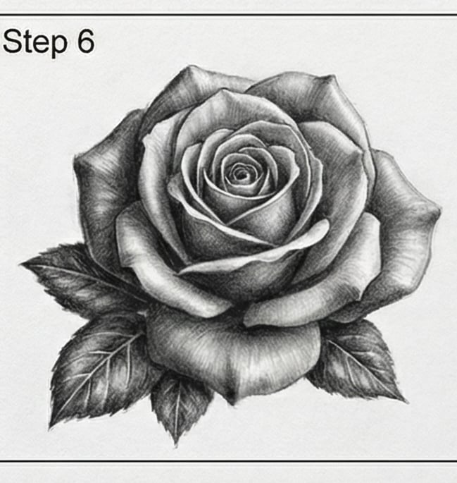 Pencil sketch of a realistic rose with leaves, detailed black-and-white shading — step 6 tutorial illustration.