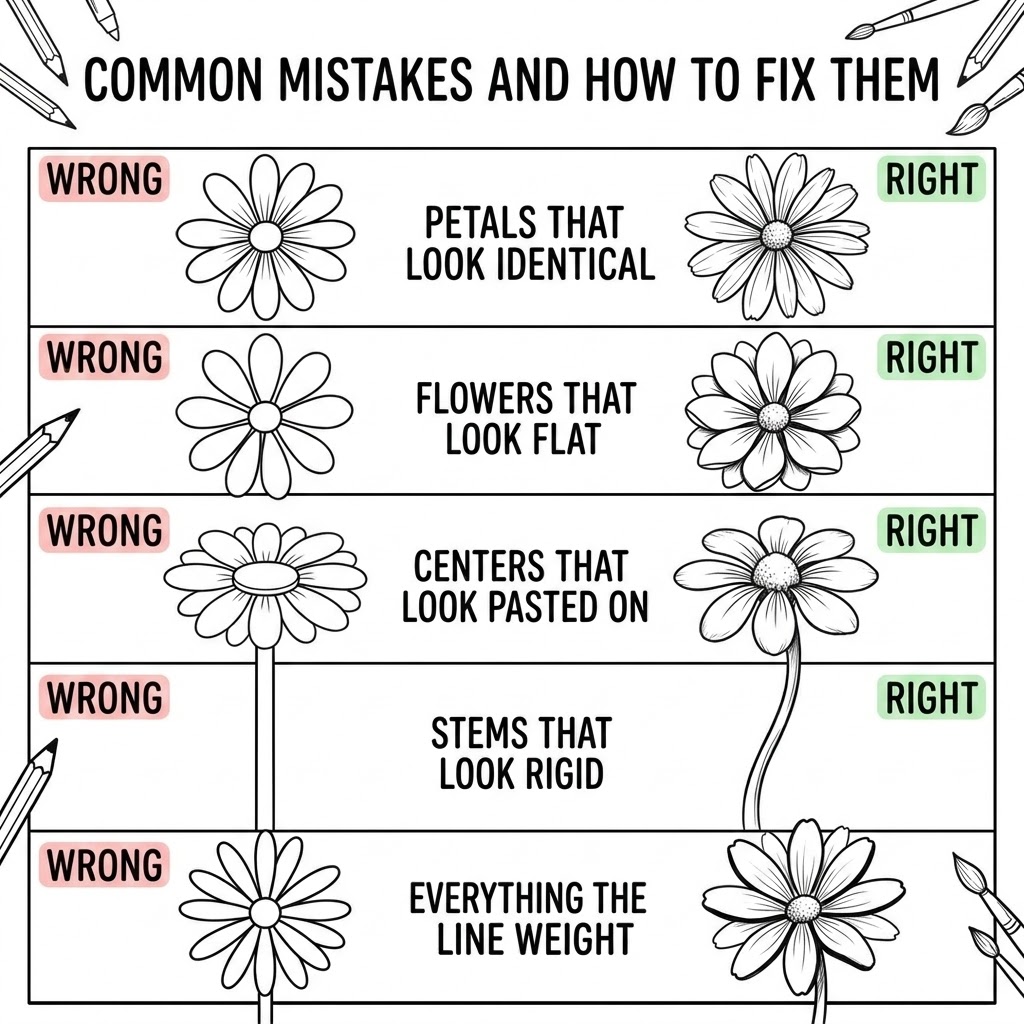 Flower drawing guide showing wrong vs right: identical petals, flat flowers, pasted centers, rigid stems, line weight