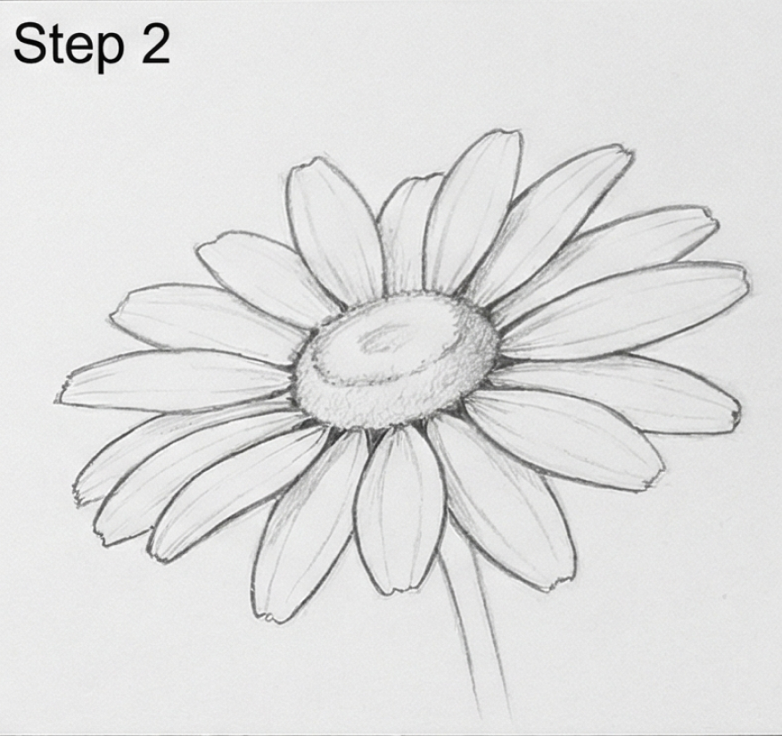 How to draw a daisy - pencil sketch Step 2: flower with textured center and layered petals