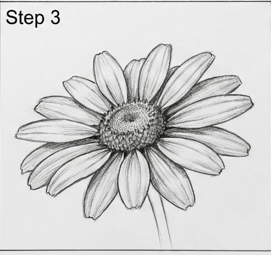 Step 3 pencil drawing tutorial: daisy flower sketch with detailed petals and textured center