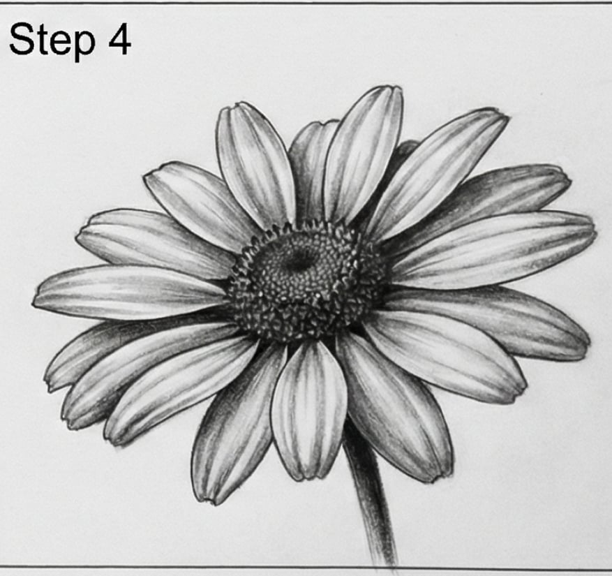 Daisy pencil drawing tutorial — Step 4: shaded flower sketch with detailed petals and textured central disk.