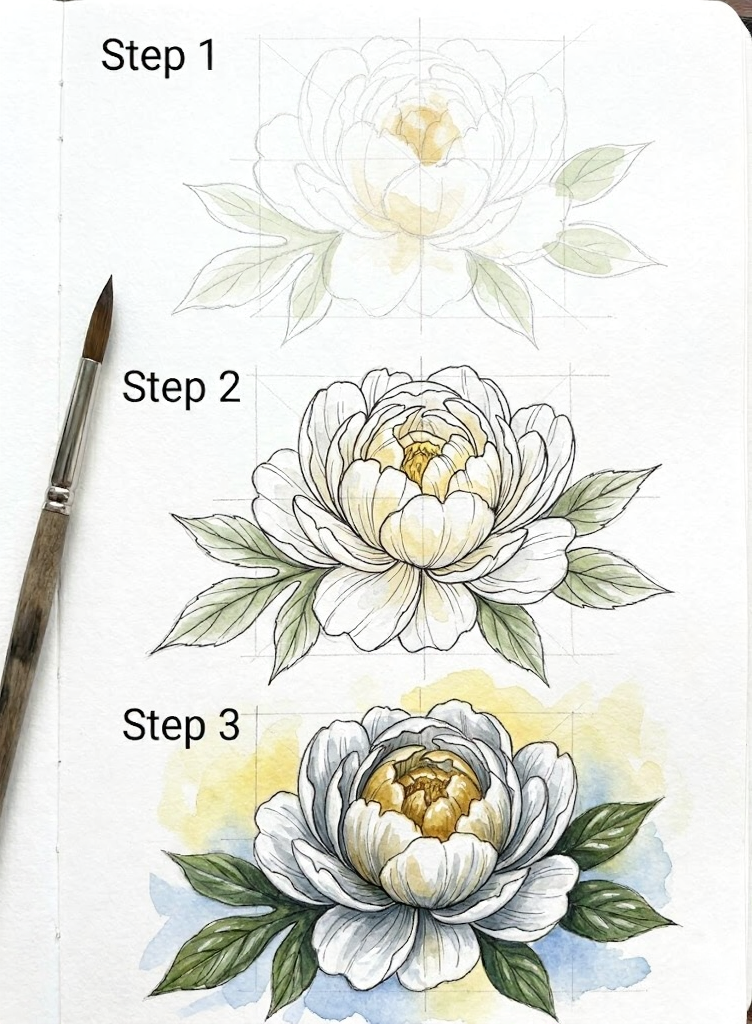 Step-by-step peony illustration tutorial: pencil sketch, inked outline, and finished watercolor flower with brush.
