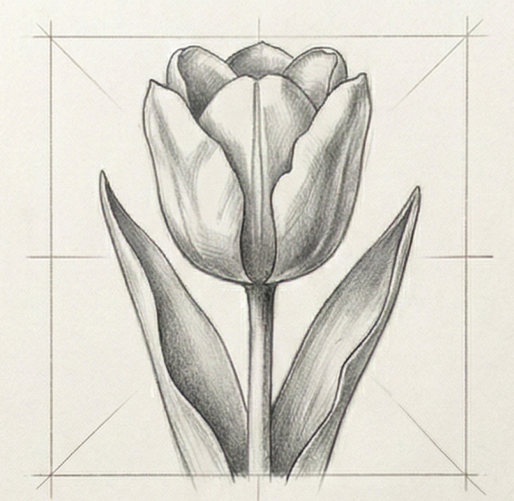 Monochrome pencil sketch of a tulip with leaves, hand-drawn botanical illustration style and faint framing grid