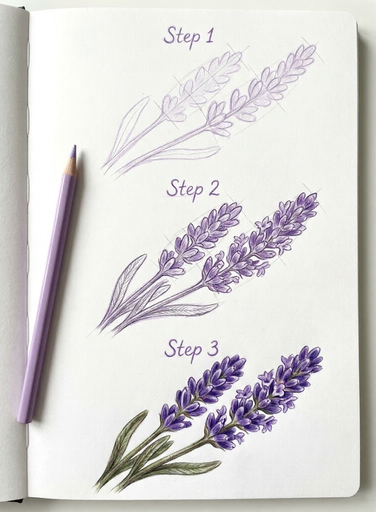 Lavender drawing tutorial: step-by-step sketchbook stages 1–3 with purple colored pencil showing progression