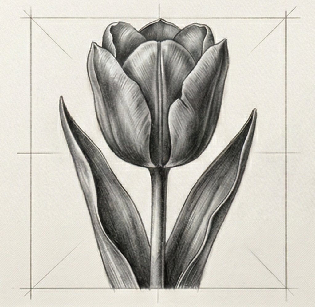 Tulip graphite sketch: detailed botanical pencil drawing with two long leaves and faint crop guide lines on cream paper