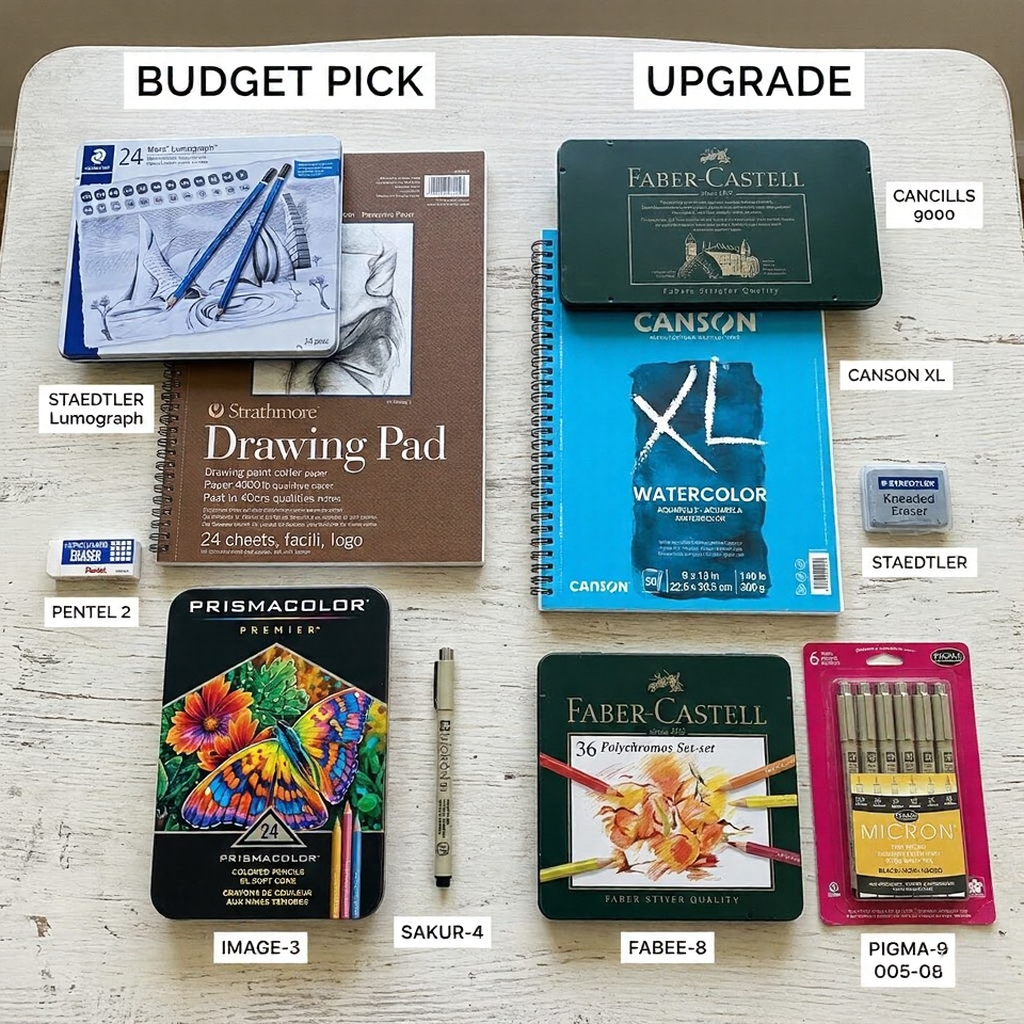 Overhead comparison of budget vs upgrade art supplies: drawing pad, watercolor pad, Prismacolor and Faber-Castell pencils