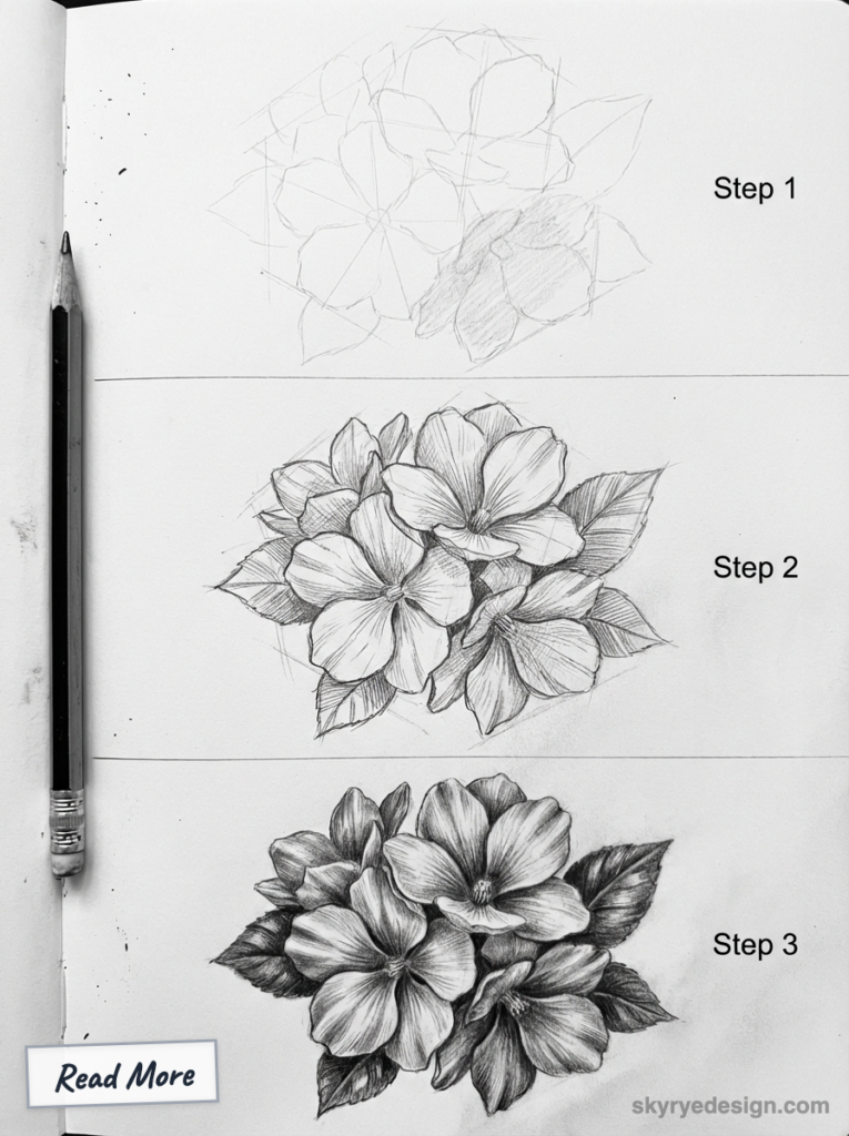Flower drawing tutorial: three-step pencil sketch of a bouquet — outline, refined linework, and shaded realistic drawing