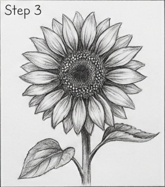 Pencil sketch of a sunflower with detailed petals, textured center, stem and leaves, labeled Step 3
