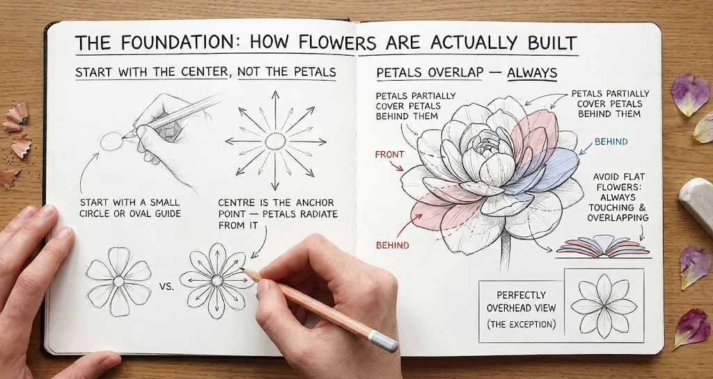 Open sketchbook flower drawing tutorial with step-by-step sketches, hands drawing with pencil, overlapping petal diagrams