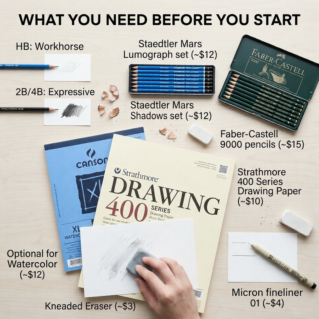 Flatlay of drawing supplies: Strathmore 400 pad, pencils (Staedtler, Faber‑Castell), kneaded eraser, Micron fineliner.