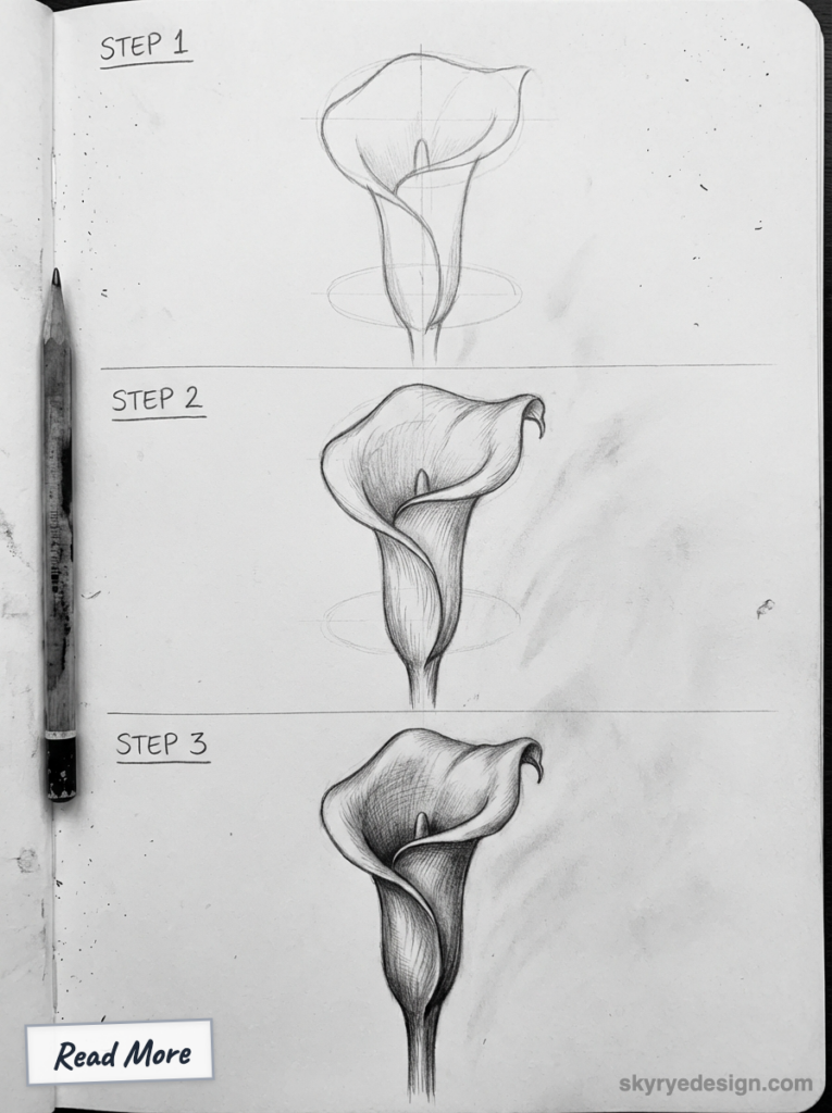 Step-by-step pencil sketch tutorial of a calla lily in three stages on a sketchbook page with a pencil.