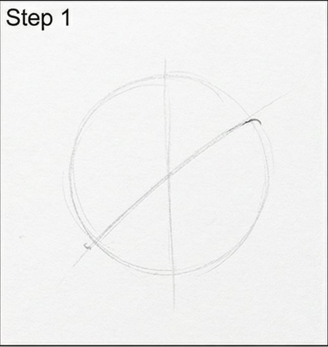 Step 1 pencil sketch of a circle with vertical center axis and diagonal guideline across it for drawing tutorial