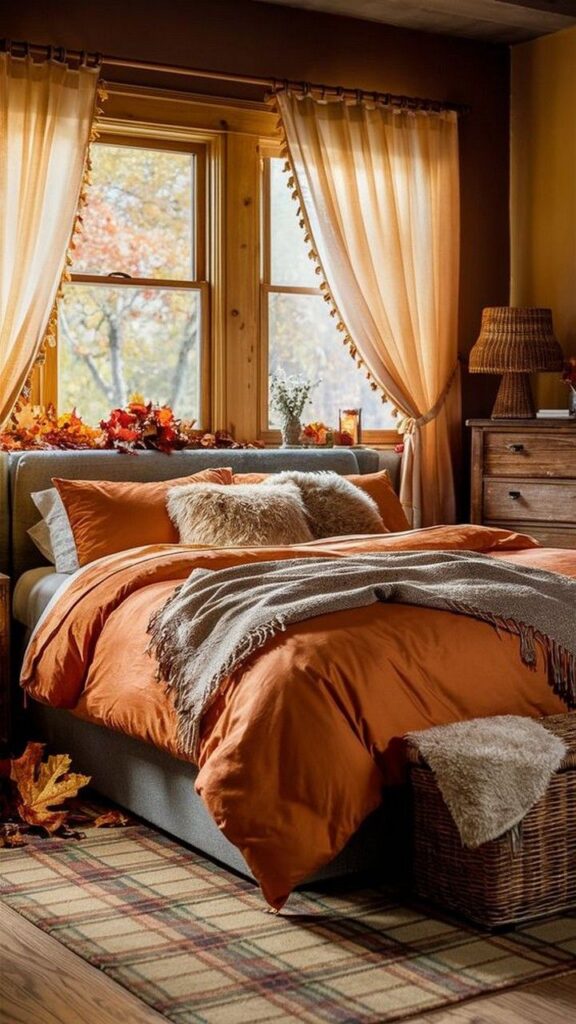 Cozy autumn-themed bedroom with orange bedding, plush pillows, and soft lighting by a window.