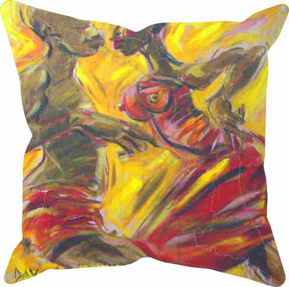 Dynamic abstract painting of couple dancing with vibrant yellow and red hues.