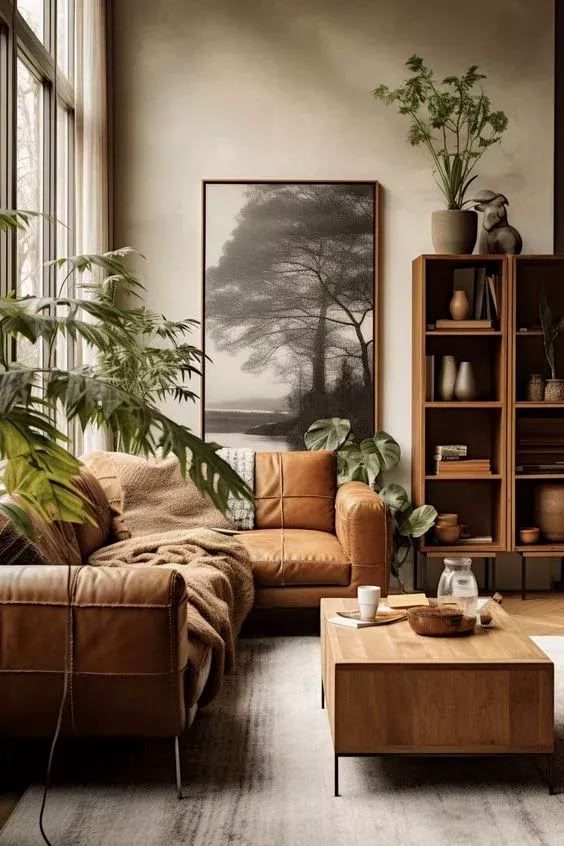 Cozy living room with leather sofas, plants, and wooden decor. Large window and nature artwork enhance the serene vibe.