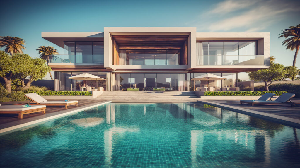 Modern luxury villa with glass facade, pool, and palm trees, offering a serene retreat and elegant architecture.