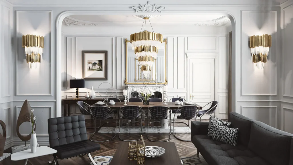 Luxurious dining room with elegant chandelier, modern furniture, and sophisticated decor in neutral tones.