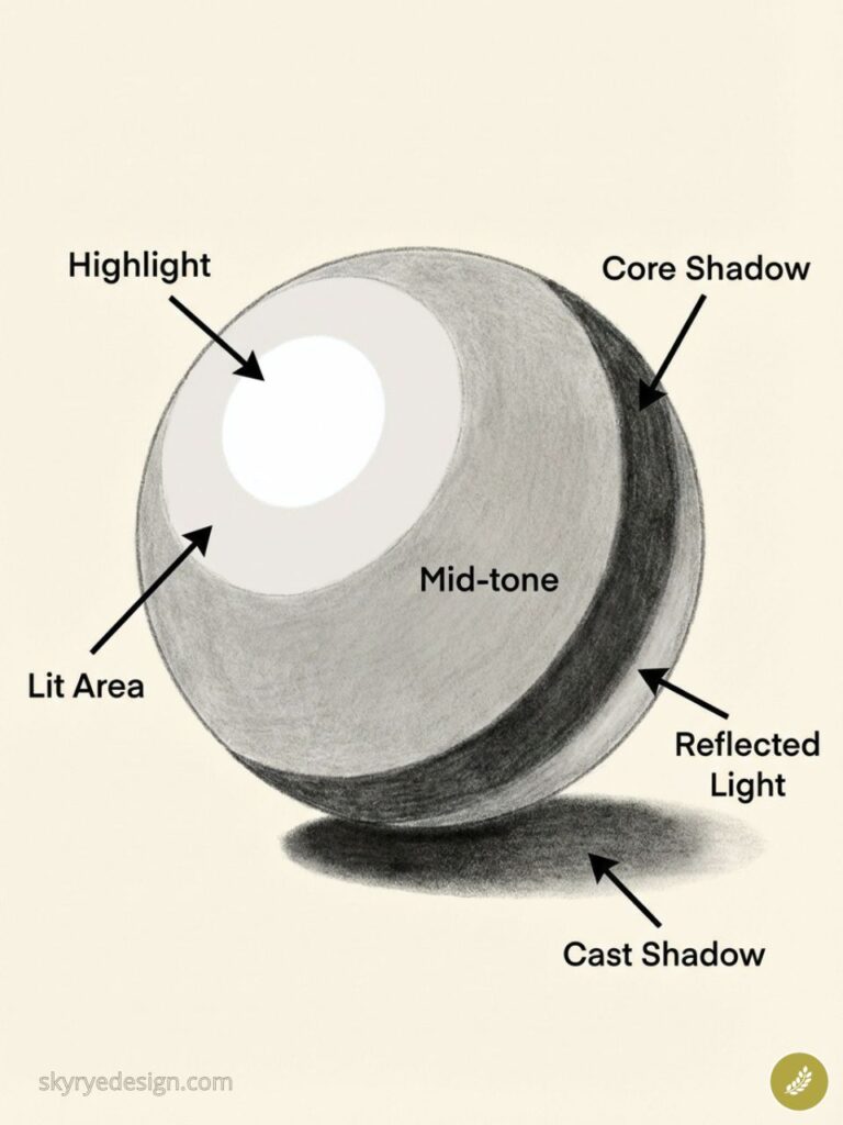 Shading diagram of a sphere labeled: highlight, lit area, mid-tone, core shadow, reflected light, cast shadow — art tutorial.