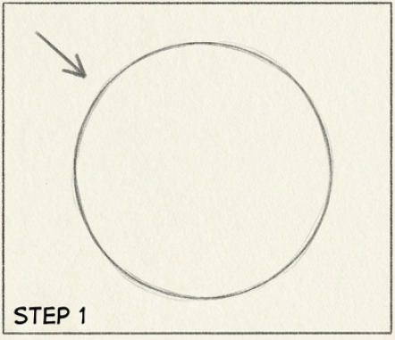 Step 1 drawing tutorial: pencil circle sketch with arrow indicating the starting point