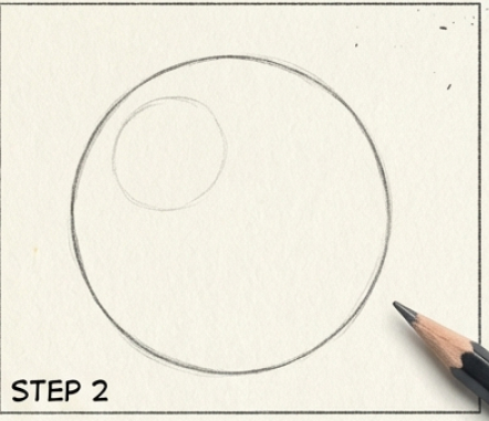 How-to-draw tutorial — Step 2: pencil sketch of a large circle with a smaller guide circle and a pencil.