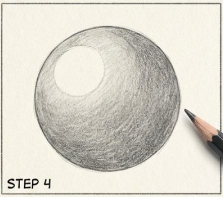 Pencil shading tutorial: shaded 3D sphere with bright highlight and pencil tip, labeled 'Step 4'