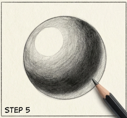 Shaded graphite sphere drawing with pencil showing smooth gradient shading and highlight – step 5 of tutorial
