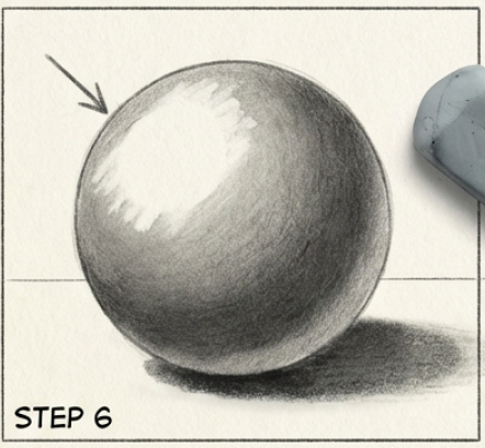 Pencil sketch of a shaded sphere with bright highlight and cast shadow, eraser visible, drawing tutorial STEP 6