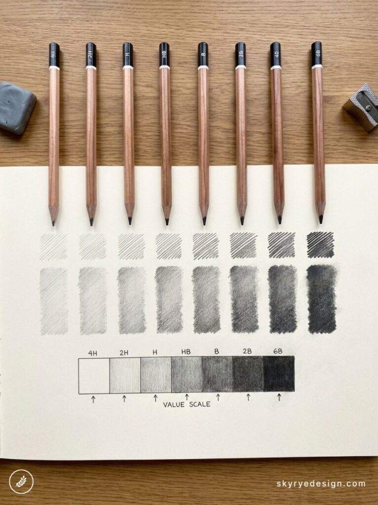 Graphite pencil value scale and shading swatches with graded pencils 4H-6B, eraser and sharpener on wooden desk
