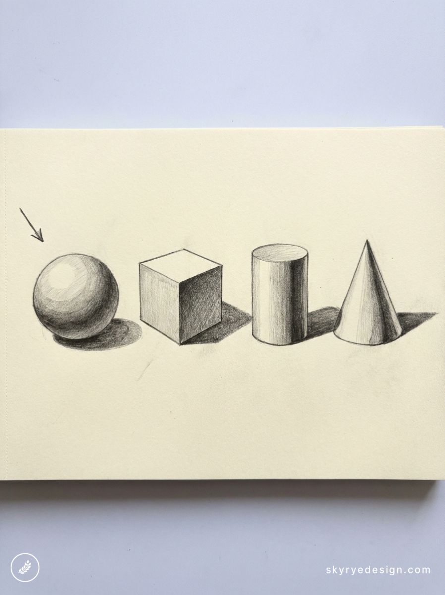 Pencil sketch of shaded geometric shapes (sphere, cube, cylinder, cone) on a sketchbook page with arrow marking sphere