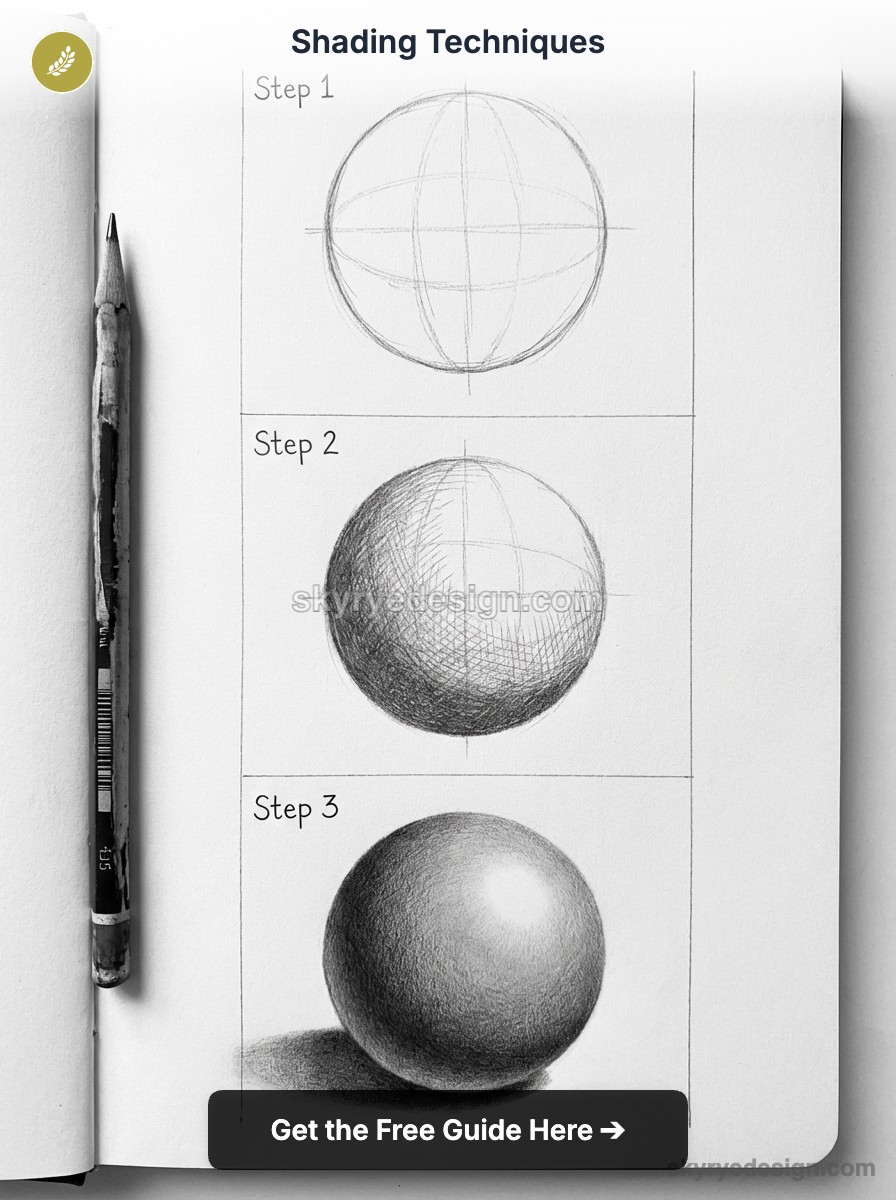 Shading techniques: step-by-step pencil tutorial showing three stages of shading a sphere in a sketchbook with pencil at left