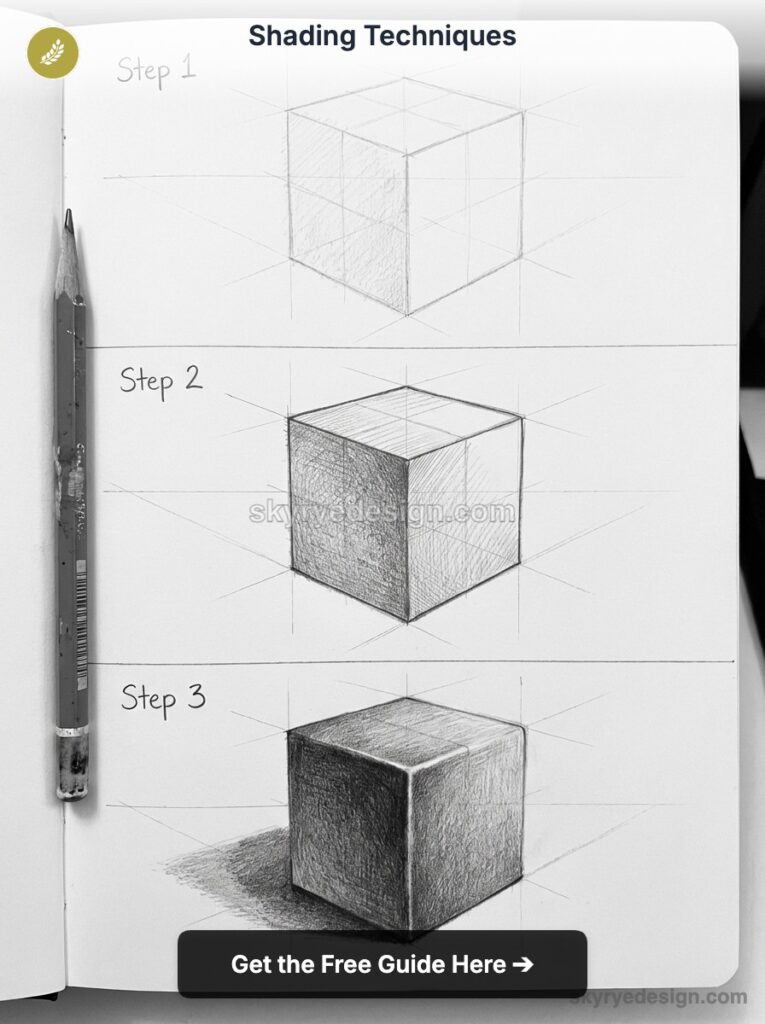 Three-step pencil shading tutorial of a cube in a sketchbook, showing shading progression, cast shadow, pencil and Get the Free Guide button