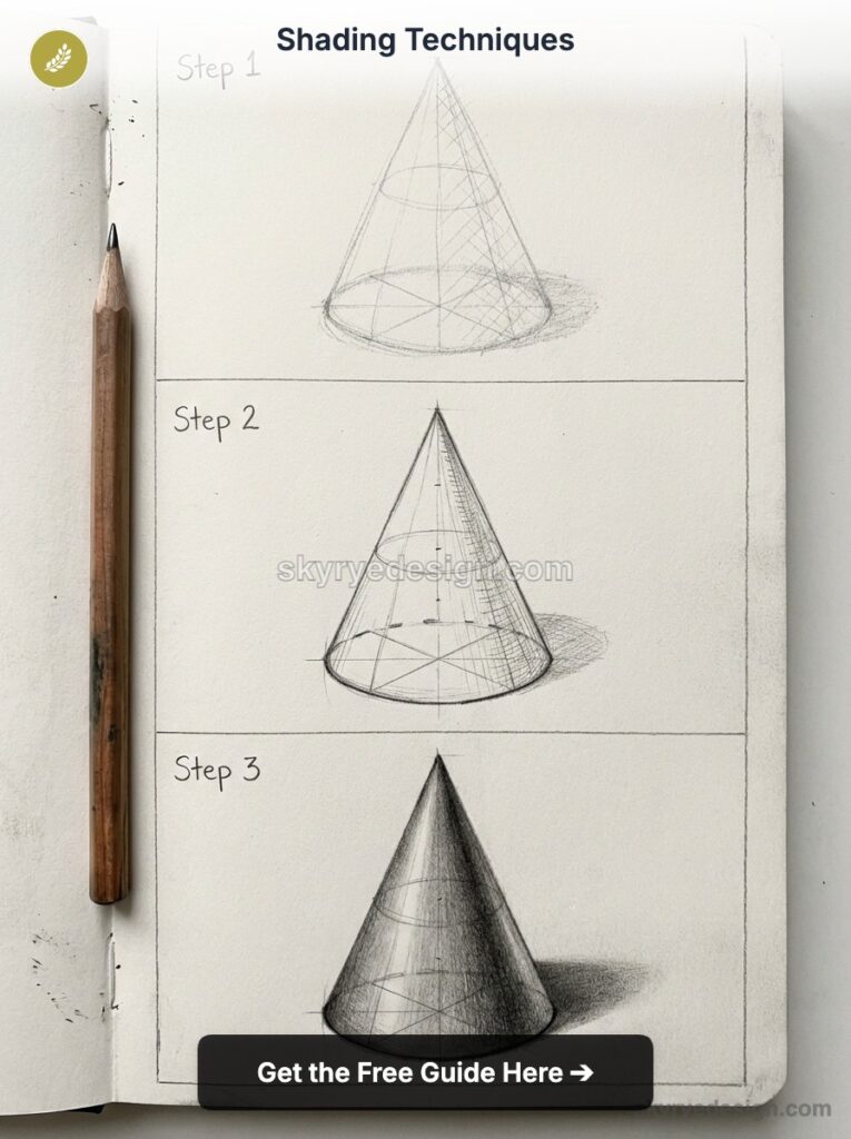 Shading techniques step-by-step pencil sketch of a cone in three stages on a sketchbook with pencil
