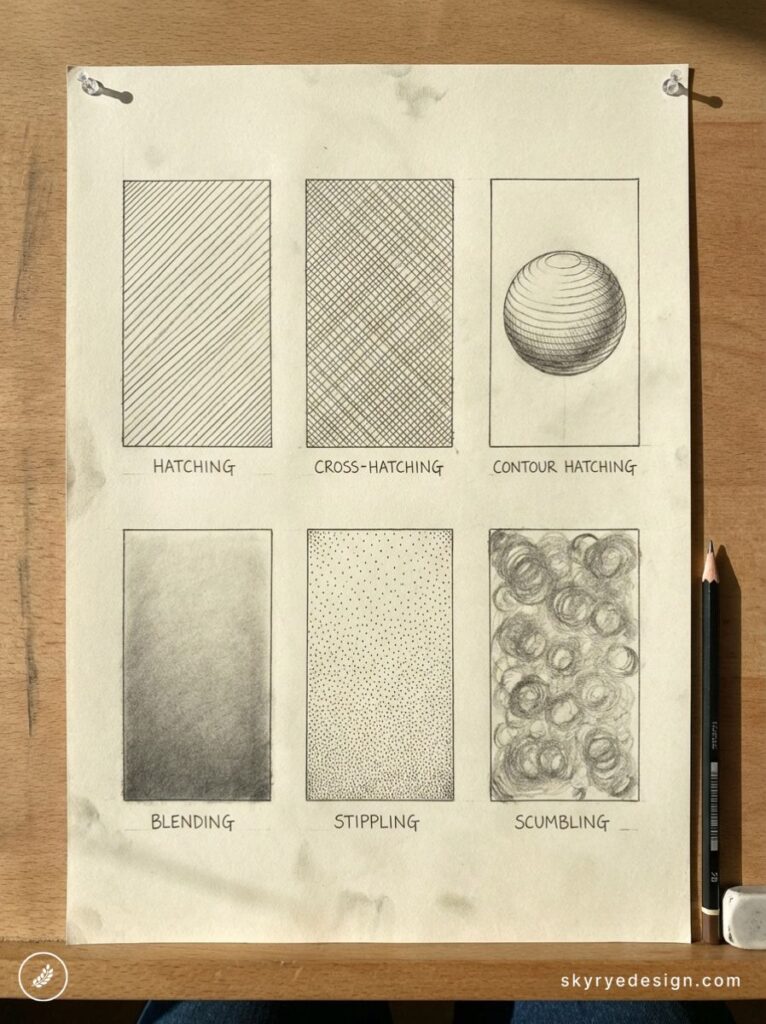 Shading techniques chart on paper: hatching, cross-hatching, contour hatching, blending, stippling, scumbling, pencil beside.