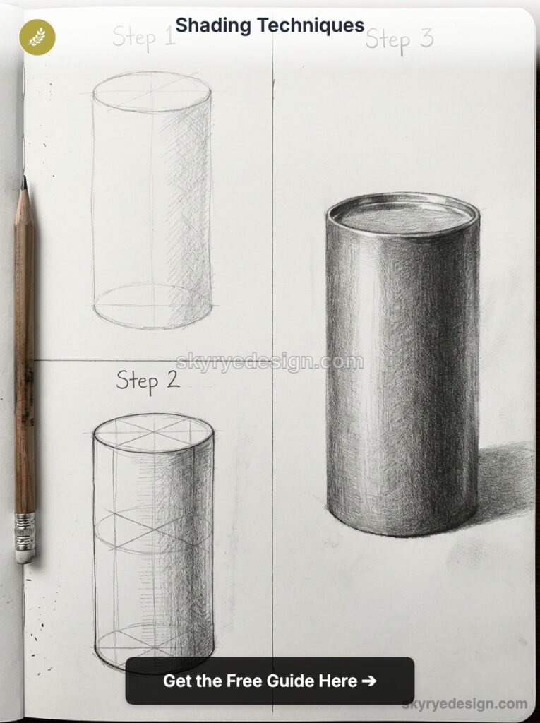 Shading techniques tutorial: three-step pencil drawing of a realistic shaded cylinder with pencil on sketchbook