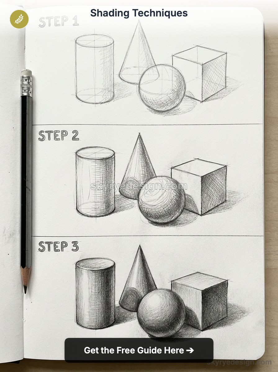 Pencil shading tutorial: step-by-step sketches of cylinder, cone, sphere, and cube on a sketchbook.