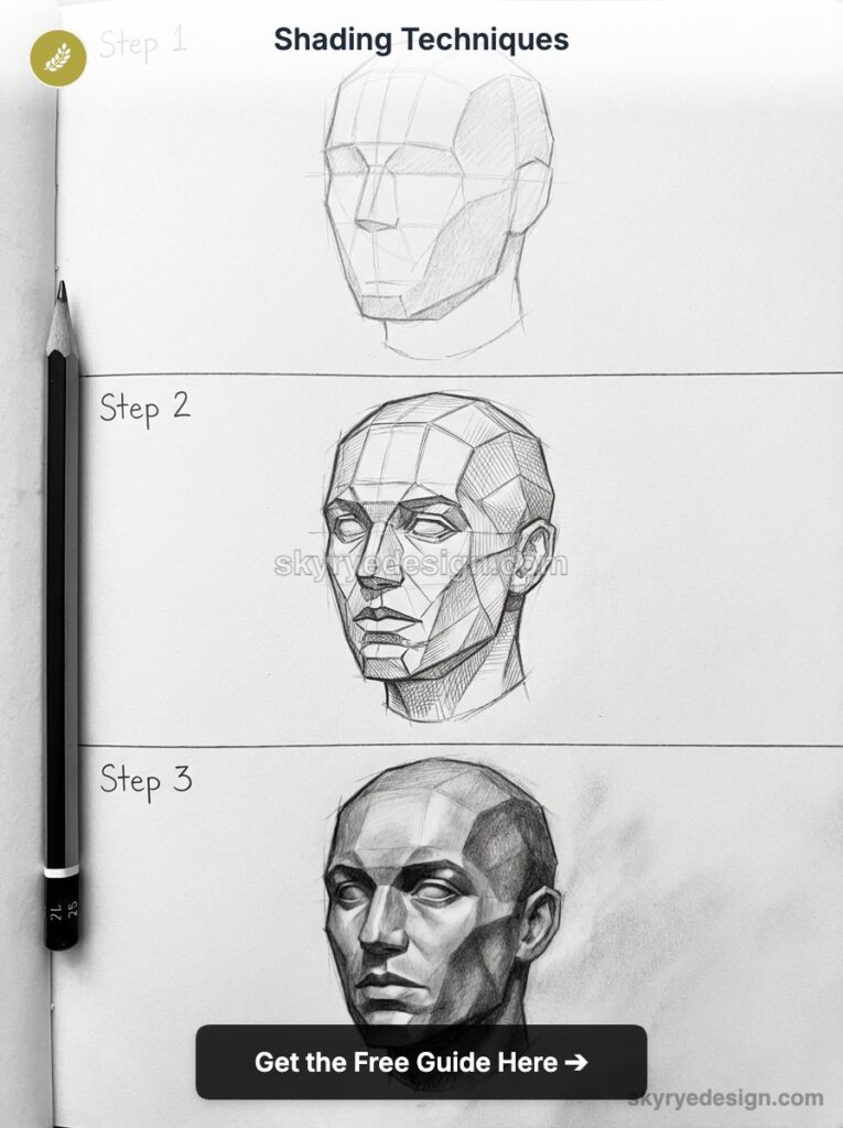 Three-step pencil shading tutorial for a faceted male head sketch, showing block-in, linework, and finished shading.