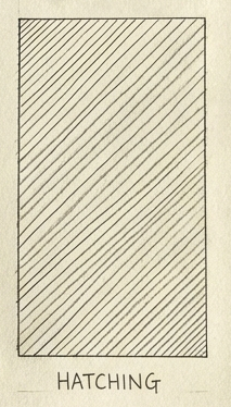 Hand-drawn rectangular panel filled with diagonal hatching lines, vintage pen-and-ink texture labeled 'HATCHING'