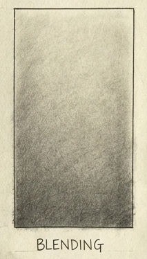 Graphite pencil blending exercise: rectangular tonal gradient from light to dark, labeled BLENDING