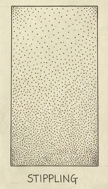 Vintage stippling illustration: rectangular panel with dotted gradient, dense at bottom fading to sparse top, labeled 'STIPPLING'.