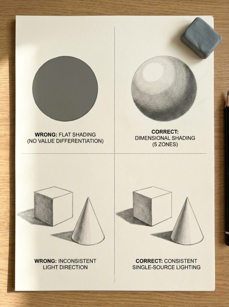 Art shading tutorial sheet: wrong vs correct shading and lighting on circle, sphere, cube, and cone.