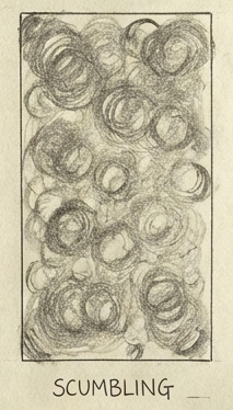 Pencil scumbling texture study: abstract overlapping circular scribbles inside a rectangular frame labeled 'SCUMBLING'.