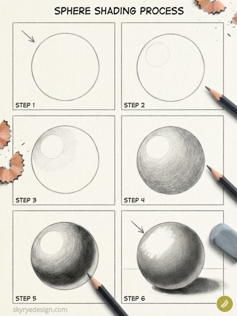 Pencil shading tutorial: six-step process to draw a realistic shaded sphere with pencils, eraser, and shavings