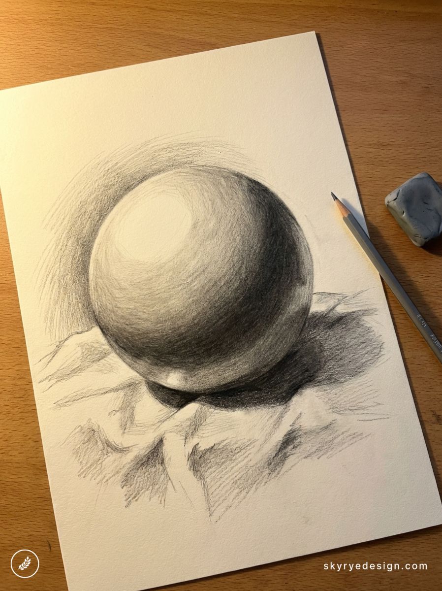 Graphite pencil still-life: shaded sphere study on textured paper over draped cloth, pencil and eraser on wooden desk