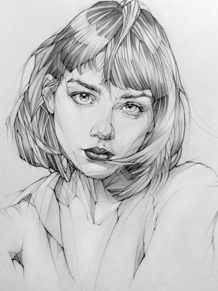 Pencil sketch of a young woman with short hair and a contemplative expression, featuring detailed shading and soft lines.