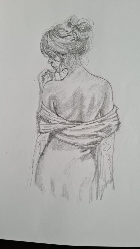 Pencil sketch of a woman with a messy bun facing away, draped in a shawl, showcasing delicate shading and detail.