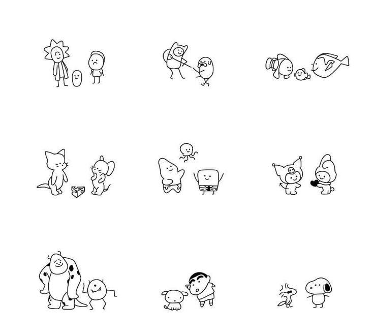 Cute cartoon characters drawn in pairs, each engaging in playful and humorous interactions. Black and white sketches.