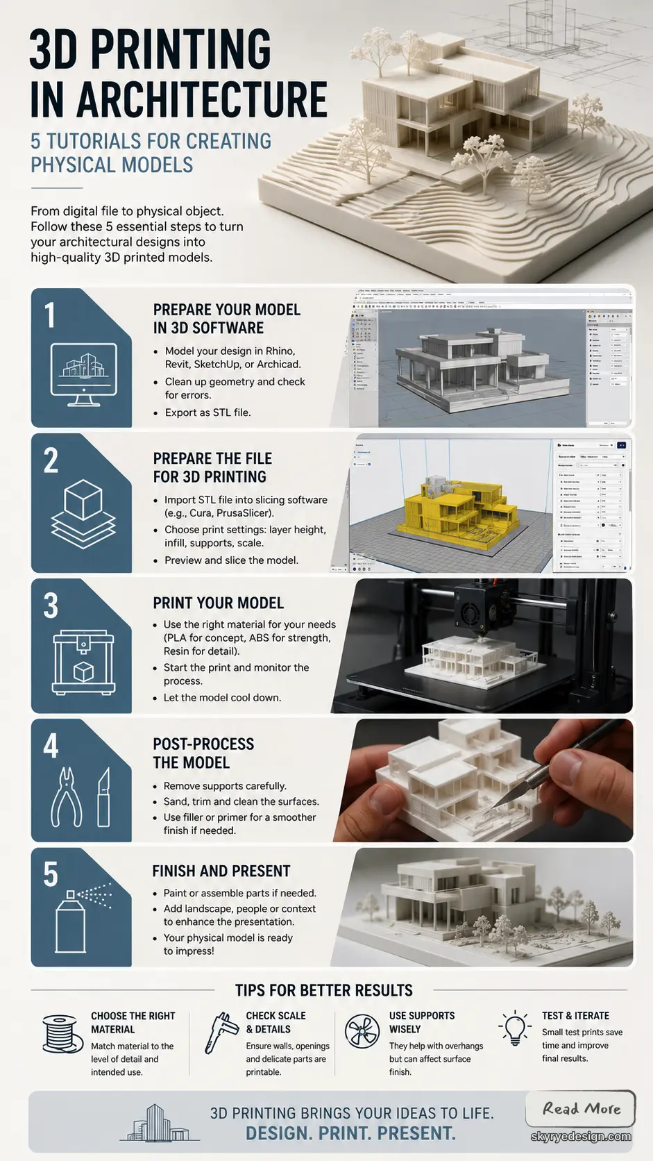 Infographic: 3D printing in architecture - 5 steps: prepare model, slice file, print, post-process, finish & present