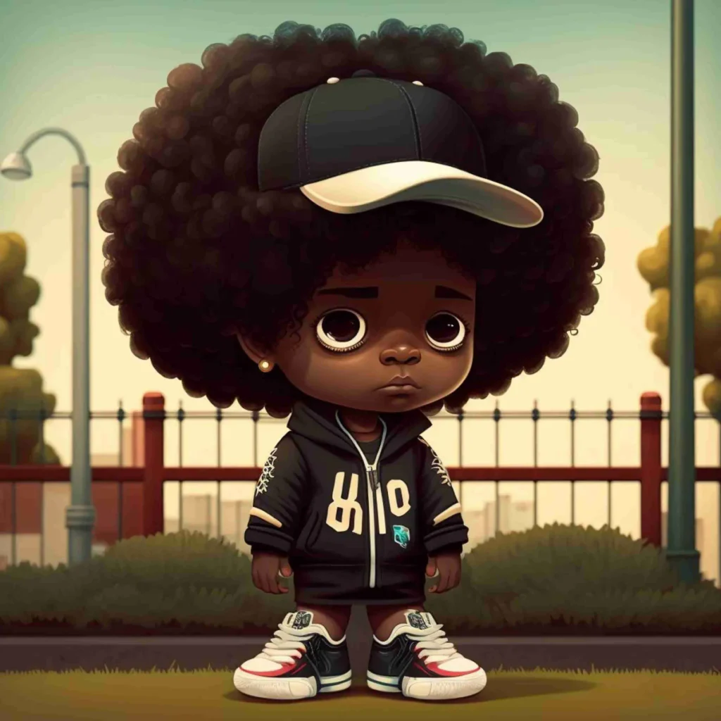 Cute cartoon child with big afro, wearing a cap, hoodie, and sneakers, standing in a park setting.