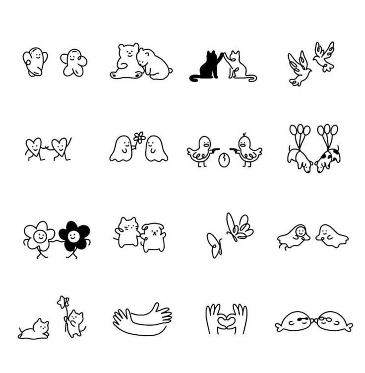 Cute cartoon illustrations: animals, flowers, and hearts in pairs, symbolizing friendship and love in a minimalist style.